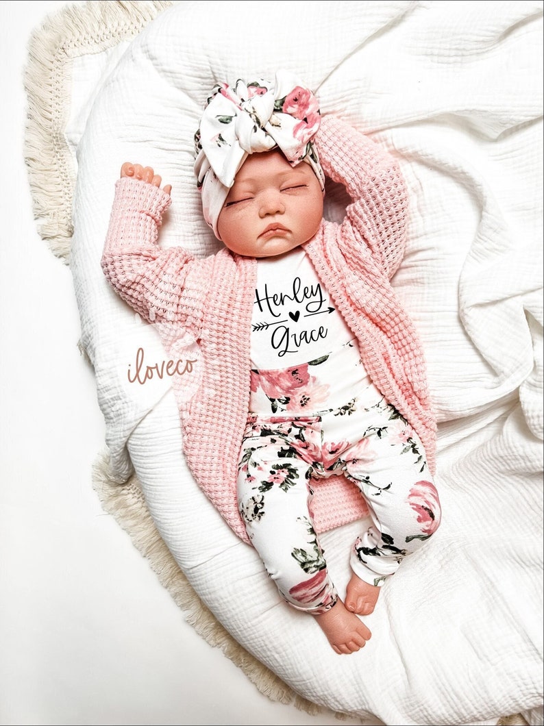 Handmade Baby Girl Outfit / Baby Rose Pink Cardigan / Photo Outfit / Baby Girl Gift / Handmade Floral Leggings / Cardigan image 1