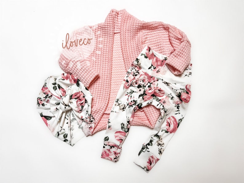 Handmade Baby Girl Outfit / Baby Rose Pink Cardigan / Photo Outfit / Baby Girl Gift / Handmade Floral Leggings / Cardigan image 2