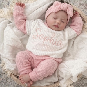 Handmade Baby Girl Outfit: Ivory Waffle Sweater, Floral Leggings