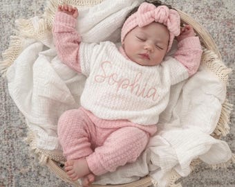 Handmade Baby Girl Outfit: Ivory Waffle Sweater, Floral Leggings