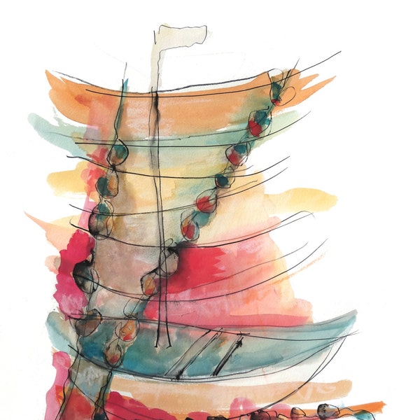 Boat decor Abstract painting watercolor Boat Colorful Red Yellow Blue  19.7 x 12.8"