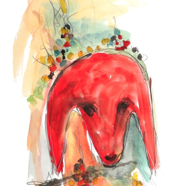 Kadishman inspired Red Sheep Watercolor Painting Original Animal Art 19.7 x 12.6"