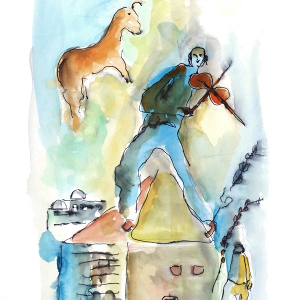 Fiddler on the roof Judaica Jewish man playing violin watercolor art painting 19.7 x 12.6"