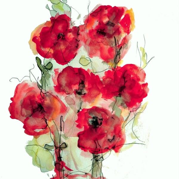 Anemones red flower watercolor painting original floral art 19.7 X 12.6