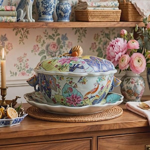 May include: A wooden hutch featuring two shelves filled with blue and white porcelain jars, plates, and dog figurines. Below, a floral tureen sits on a platter next to a vase of pink flowers, a stack of books, and a bowl of lemons on a wooden cabinet.