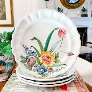 Antique Cantagalli Italian Renaissance Majolica Handpainted Floral Plates, Set of 4