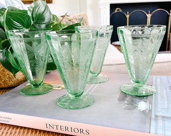 1930s Jeannette Floral Green Uranium Footed Tumblers, Green Depression Glass