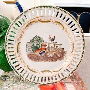 Chinese Export Reticulated Rooster & Hens Wall Plate