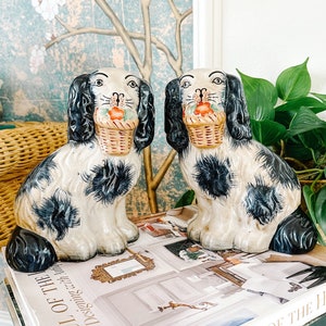 Blue & White Staffordshire Mantle Dogs, 7.5" Staffordshire Spaniel Dogs, Staffordshire Mantle Dogs, Traditional Mantle Decor