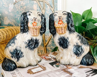 Blue & White Staffordshire Mantle Dogs, 7.5" Staffordshire Spaniel Dogs, Staffordshire Mantle Dogs, Traditional Mantle Decor