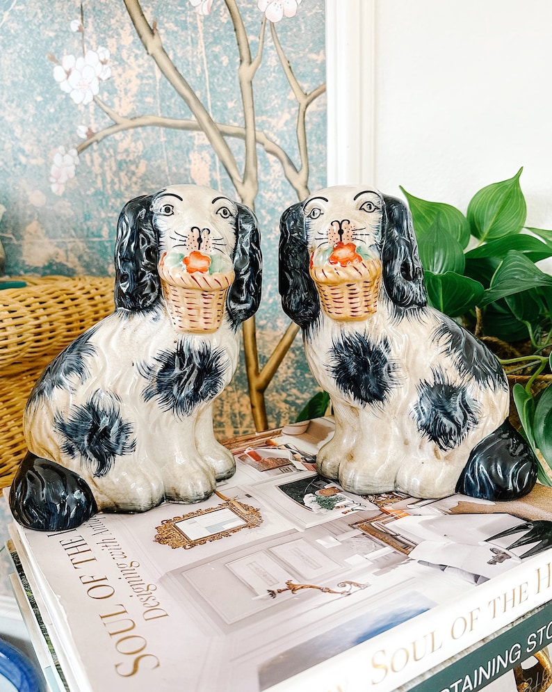 Blue & White Staffordshire Mantle Dogs, 7.5 Staffordshire Spaniel Dogs, Staffordshire Mantle Dogs, Traditional Mantle Decor image 1