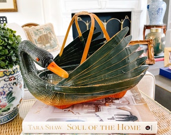 Green Wicker Rattan & Bamboo Goose or Swan Duck Basket