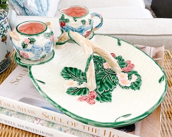 Haldon Creamer and Sugar With Tray, Haldon Ribbon & Bow Plates And Cups; Strawberry Majolica, Grandmillennial Decor