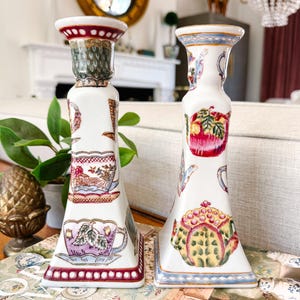 Vintage Chinoiserie English Tea Porcelain Candlestick Holders, Chinese Candle Holders, Chinoiserie Chic Decor, Afternoon Tea Decor