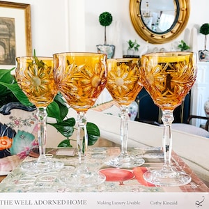 1960s Lausitzer Germany Amber Hand Cut Crystal Wine Glasses, Bohemian Crystal Wine Hock Glasses, Tall Yellow Wine Stems