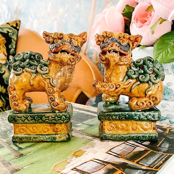 Pair Of 5.5” Brown & Green Glazed Foo Dogs On Pedestal, Adorable Foo Dogs Pair, Mantle Decor, Chinese Guardian Lions