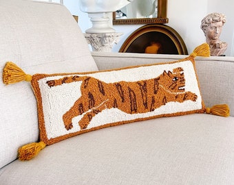 Tiger Throw Pillow, Wool Hooked Boho, Animal Print Throw Pillow, Decorative Long Pillows, Hook Pillow