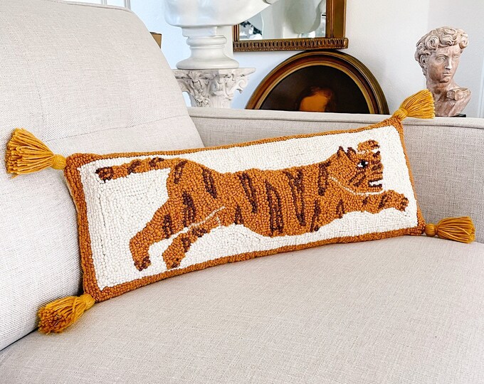 Tiger Throw Pillow, Wool Hooked Boho, Animal Print Throw Pillow