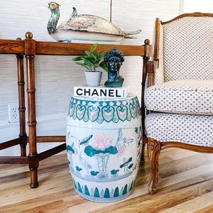 Pink Lotus Garden Stool, Pink & Green Floral Garden Seat, Chinese Porcelain Garden Seat, Chinoiserie Garden Stool, Chinoiserie Chic Decor