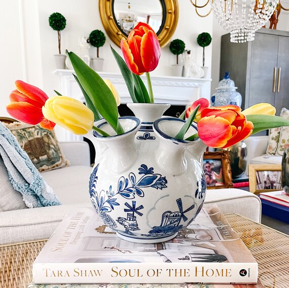 Blue & White Round Tulipiere Vase, Delft Style Windmill Tulip Vase