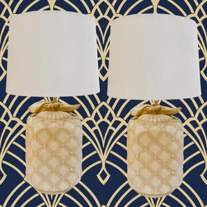 1980s Pair of Cream Tufted Ceramic Table Lamps With Bows