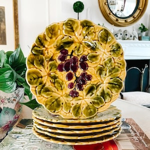 Antique Sarreguemines Majolica Fruit Plates: French Faience Set of 5