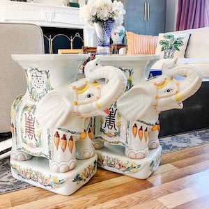 Vintage Chinoiserie Elephant Plant Stands / Garden Stools, Hollywood Regency Elephants, Garden Seats, Transitional Cocktail Side Table