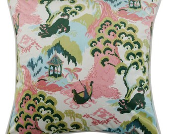 18" Pink & Green Chinoiserie Throw Pillow Square 18", Decorative Pillow, Grandmillennial Decor, Chinoiserie Chic, Accent Pillows