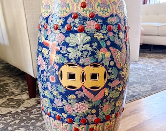 Chinese Famille Rose Cobalt Blue Millefleurs & Butterfly Porcelain Garden Stool