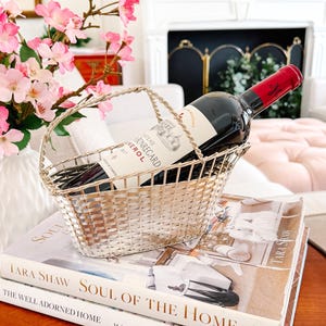 1960 French Wine Basket, Woven Silverplate Wine Caddy Imported by Eisenberg-Lozano