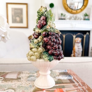 Mid-Century Small Grape Topiary Centerpiece, High Glaze Ceramic Fruit Porcelain Topiary