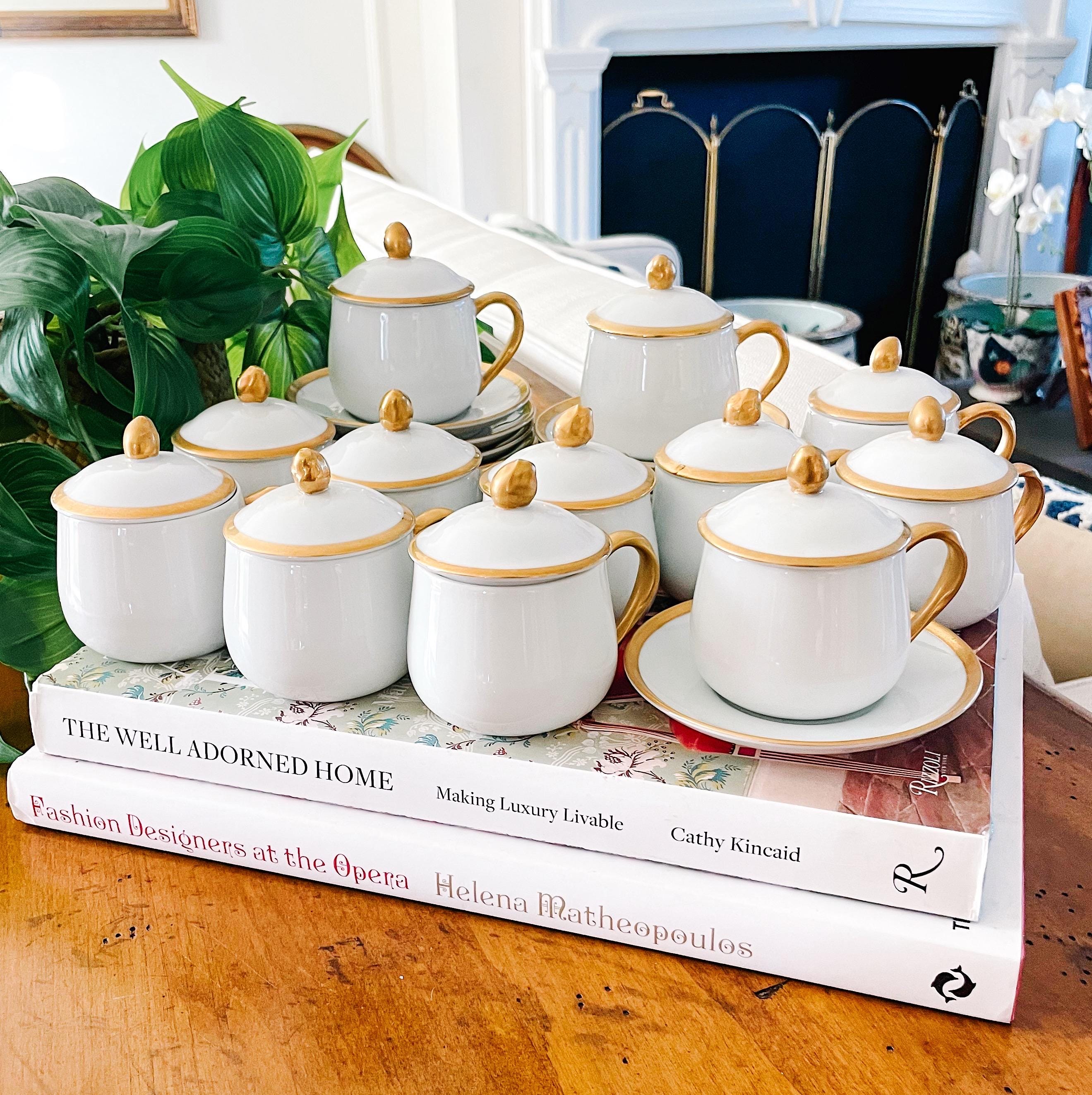 Fitz & Floyd Pots De Creme Gold White Set of 12, Custard Cups