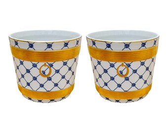 Mangani Blue & White 24 K Gold Cachepots, Neoclassical Planter Pots, Rococo Decor