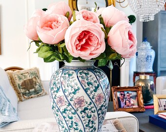 Green Pink & Blue Chinoiserie Vase, Chinoiserie Flower Vase