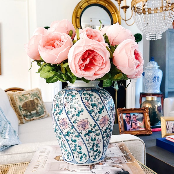 Green Pink & Blue Chinoiserie Vase, Chinoiserie Flower Vase