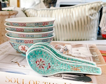 Turquoise Wan Shou Wu Jiang Rice Bowls With Spoons, Famille Rose WanShou WuJiang Chinese Porcelain, Chinoiserie Chic Decor