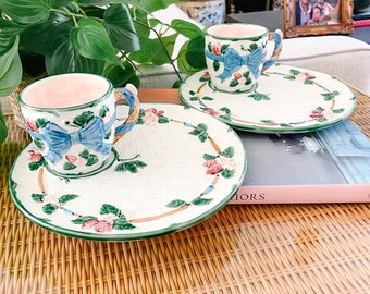 Haldon Snack Plates and Cups, Haldon Ribbon & Bow Plates And Cups; Strawberry Majolica, Grandmillennial Decor