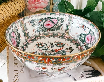 10” Vintage Rose Canton Bowl by Andrea By Sadek, Chinese Famille Rose Medallion Bowl, Chinoiserie Chic Decor