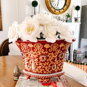 Vintage Red & Gold Chinoiserie Tapestry Planter With Stand, Oval Cachepot, Orchid Planter, Chinoiserie Decor