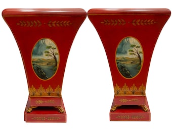 Maitland-Smith Red Tole Cachepot Urns Pair; French Directoire Style Urns; Neoclassical Decor