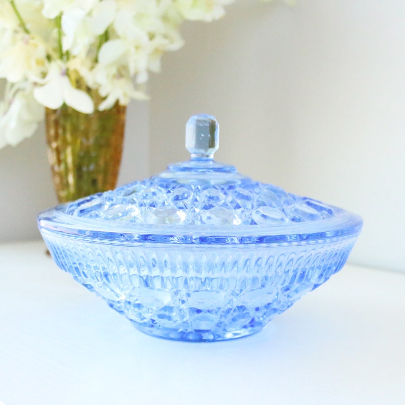 Blue Glass Candy Dish With Lid Covered Depression Jewelry Trinket Vintage
