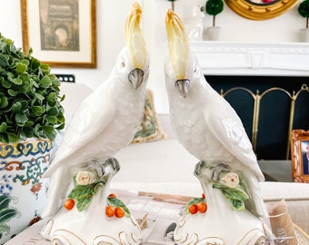 Vista Alegre Cockatoo Parrot Figurines, Vista Alegre Porcelain Sulphur-Crested Cockatoos