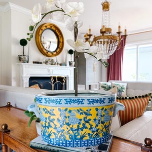 Large 18&quot; Blue & Yellow Chinoiserie Foot Bath Planter, Chinoiserie Jardiniere Pot, Chinoiserie Chic Decor, Orchid Planter