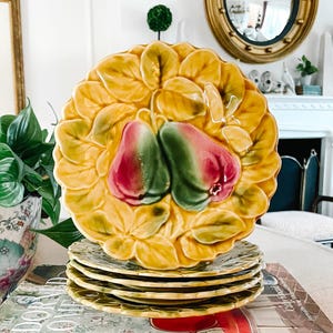 Antique Sarreguemines Majolica Fruit Plates: French Country Decor, Set of 5