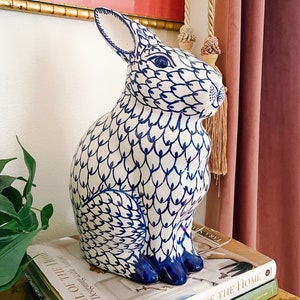 X-Large Blue and White Porcelain Bunny Rabbit; Ceramic Fishnet Rabbit, Easter Bunny Figurine