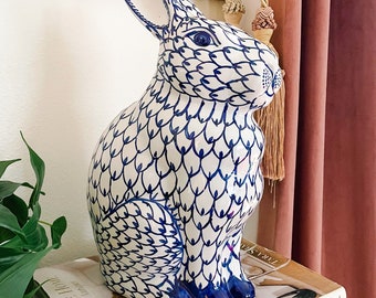 X-Large Blue and White Porcelain Bunny Rabbit; Ceramic Fishnet Rabbit, Easter Bunny Figurine