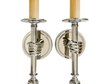 Pair of Jacques Adnet Style Polished Nickel Hand Sconces; Vintage Wall Lamps