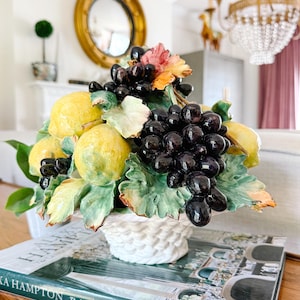 Italian Fruit Basket Topiary With Grapes and Lemons, Italian Capodimonte Porcelain Topiary, Italian Fruit Centerpiece