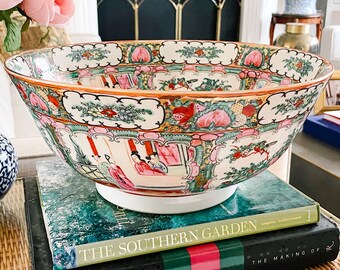 X-Large Mid-Century Rose Medallion Bowl, Chinese Canton Punch Bowl, Hand-Painted Famille Rose Medallion, Chinoiserie Chic Decor