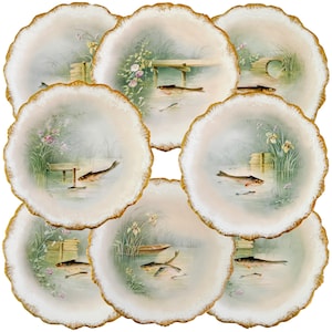 French Limoges Fish Plates Set of 8, Hand-Painted Antique French Fish Plate by Coiffe et Cie